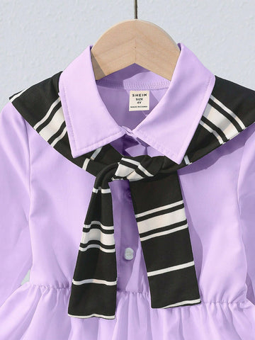 1pc Young Girls Casual Simple 2 In 1 Striped Waisted Dress, Suitable For Sunny Sweet Girls, Can Match With Mother-Daughter Sets, Autumn