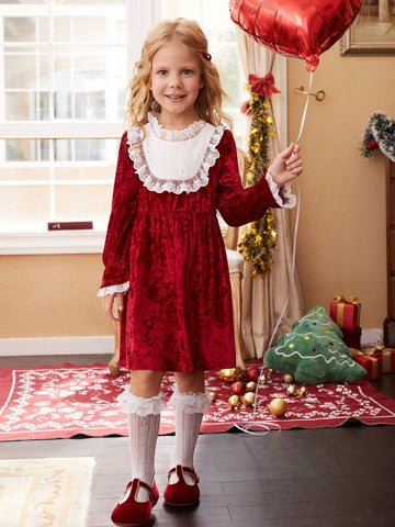 1pc Young Girls Christmas Red Velour & White Ruffle Collar Long Sleeve Party Dress, Suitable For Autumn Festival Gatherings And Important Occasions