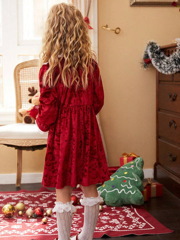 1pc Young Girls Christmas Red Velour & White Ruffle Collar Long Sleeve Party Dress, Suitable For Autumn Festival Gatherings And Important Occasions