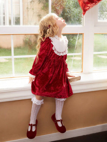 1pc Young Girls Christmas Red Velour & White Ruffle Collar Long Sleeve Party Dress, Suitable For Autumn Festival Gatherings And Important Occasions