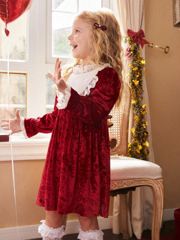 1pc Young Girls Christmas Red Velour & White Ruffle Collar Long Sleeve Party Dress, Suitable For Autumn Festival Gatherings And Important Occasions