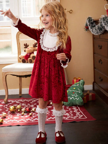 1pc Young Girls Christmas Red Velour & White Ruffle Collar Long Sleeve Party Dress, Suitable For Autumn Festival Gatherings And Important Occasions