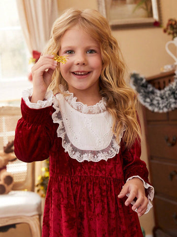 1pc Young Girls Christmas Red Velour & White Ruffle Collar Long Sleeve Party Dress, Suitable For Autumn Festival Gatherings And Important Occasions