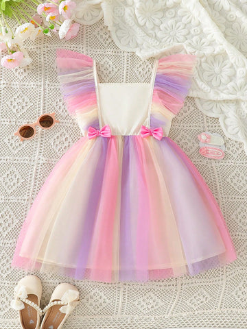 1pc Young Girls' Luxurious Pink Colorful Tulle Waist Bow Tie Cap Sleeve Party Princess Dress