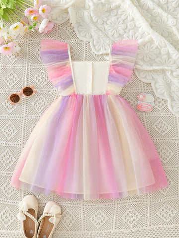 1pc Young Girls' Luxurious Pink Colorful Tulle Waist Bow Tie Cap Sleeve Party Princess Dress