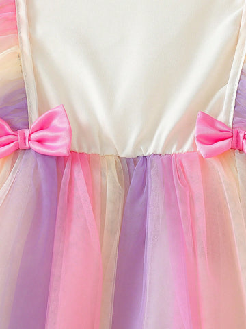1pc Young Girls' Luxurious Pink Colorful Tulle Waist Bow Tie Cap Sleeve Party Princess Dress