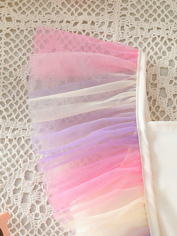 1pc Young Girls' Luxurious Pink Colorful Tulle Waist Bow Tie Cap Sleeve Party Princess Dress