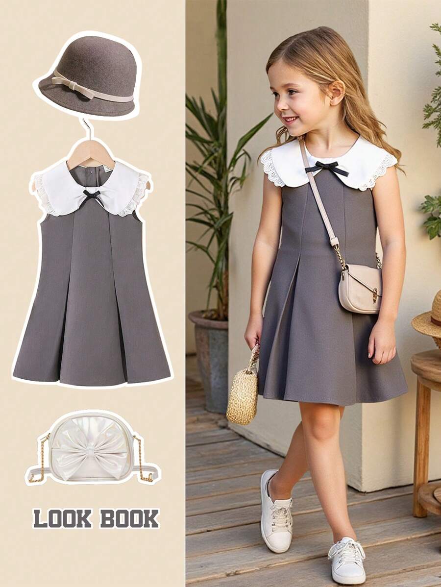 pc Young Girl's Sweet School Sleeveless Peter Pan Collar Bowknot Waist A-Line Hem Dress