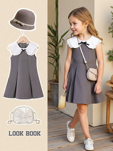 pc Young Girl's Sweet School Sleeveless Peter Pan Collar Bowknot Waist A-Line Hem Dress