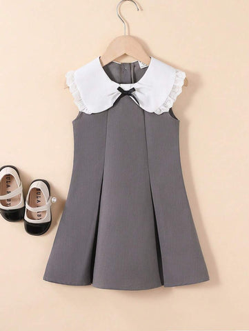 pc Young Girl's Sweet School Sleeveless Peter Pan Collar Bowknot Waist A-Line Hem Dress
