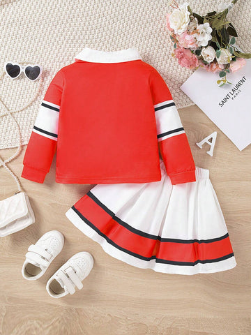 2pcs/Set 2024 New Summer Young Girl Girls Contrast Color Printed Long Sleeve Polo Shirt And Pleated Skirt, American College Style