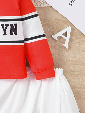 2pcs/Set 2024 New Summer Young Girl Girls Contrast Color Printed Long Sleeve Polo Shirt And Pleated Skirt, American College Style