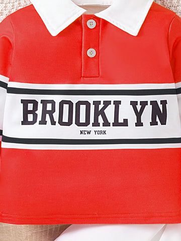 2pcs/Set 2024 New Summer Young Girl Girls Contrast Color Printed Long Sleeve Polo Shirt And Pleated Skirt, American College Style