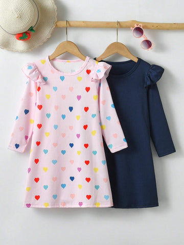 2pcs/Set Girls Casual Cute Solid Ruffle Trim Long Sleeve Dress & Colorful Heart Print Ruffle Trim Dress, Autumn New Arrival