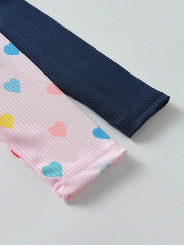 2pcs/Set Girls Casual Cute Solid Ruffle Trim Long Sleeve Dress & Colorful Heart Print Ruffle Trim Dress, Autumn New Arrival