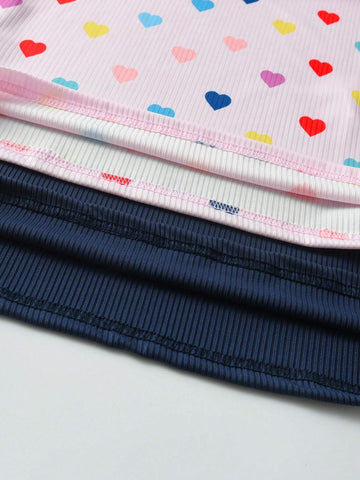 2pcs/Set Girls Casual Cute Solid Ruffle Trim Long Sleeve Dress & Colorful Heart Print Ruffle Trim Dress, Autumn New Arrival