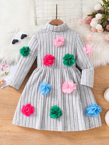 2pcs/Set Girls' Casual Solid Color Ruffle Trim Long Sleeve Dress & Colorful Heart Print Ruffle Trim Dress, New Arrival Autumn