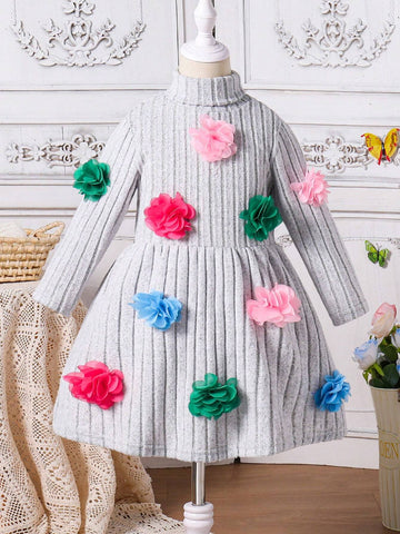 2pcs/Set Girls' Casual Solid Color Ruffle Trim Long Sleeve Dress & Colorful Heart Print Ruffle Trim Dress, New Arrival Autumn