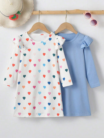 2pcs/Set Girls Casual Solid Color Ruffle Trim Long Sleeve Dress & Colorful Heart Printed Ruffle Trim Dress, New Season For Autumn
