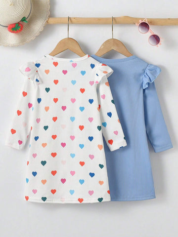 2pcs/Set Girls Casual Solid Color Ruffle Trim Long Sleeve Dress & Colorful Heart Printed Ruffle Trim Dress, New Season For Autumn