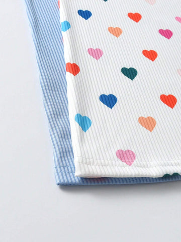 2pcs/Set Girls Casual Solid Color Ruffle Trim Long Sleeve Dress & Colorful Heart Printed Ruffle Trim Dress, New Season For Autumn