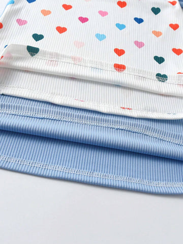 2pcs/Set Girls Casual Solid Color Ruffle Trim Long Sleeve Dress & Colorful Heart Printed Ruffle Trim Dress, New Season For Autumn