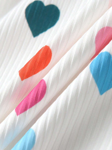 2pcs/Set Girls Casual Solid Color Ruffle Trim Long Sleeve Dress & Colorful Heart Printed Ruffle Trim Dress, New Season For Autumn