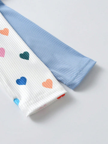 2pcs/Set Girls Casual Solid Color Ruffle Trim Long Sleeve Dress & Colorful Heart Printed Ruffle Trim Dress, New Season For Autumn