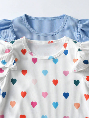 2pcs/Set Girls Casual Solid Color Ruffle Trim Long Sleeve Dress & Colorful Heart Printed Ruffle Trim Dress, New Season For Autumn