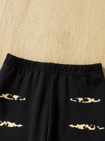 2pcs/Set Girls Fashionable Leopard Print, Metal Glitter Patchwork, Gradient Metallic Pink Color Block Knit Casual Tracksuit