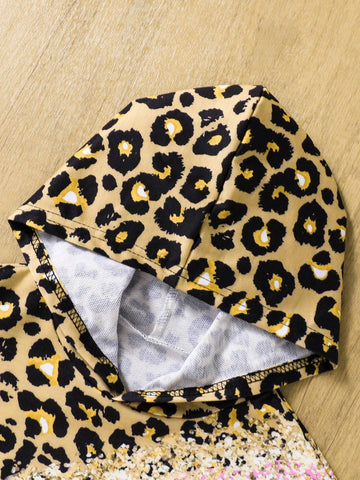 2pcs/Set Girls Fashionable Leopard Print, Metal Glitter Patchwork, Gradient Metallic Pink Color Block Knit Casual Tracksuit