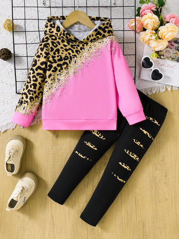 2pcs/Set Girls Fashionable Leopard Print, Metal Glitter Patchwork, Gradient Metallic Pink Color Block Knit Casual Tracksuit