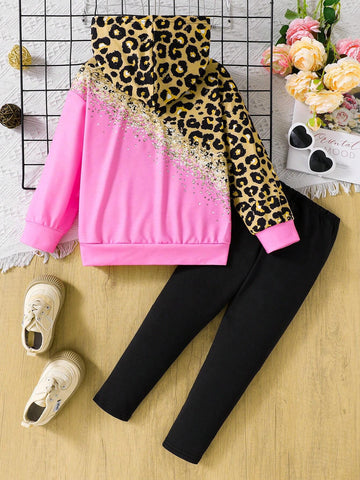 2pcs/Set Girls Fashionable Leopard Print, Metal Glitter Patchwork, Gradient Metallic Pink Color Block Knit Casual Tracksuit