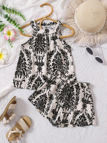 2pcs/Set Girls Young Girl Summer Lightweight Fashion Casual Retro Breathable Loose Allover Print Pattern Digital Print Tank Top + Shorts Set