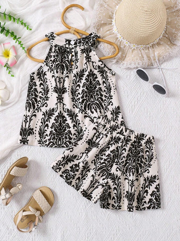 2pcs/Set Girls Young Girl Summer Lightweight Fashion Casual Retro Breathable Loose Allover Print Pattern Digital Print Tank Top + Shorts Set