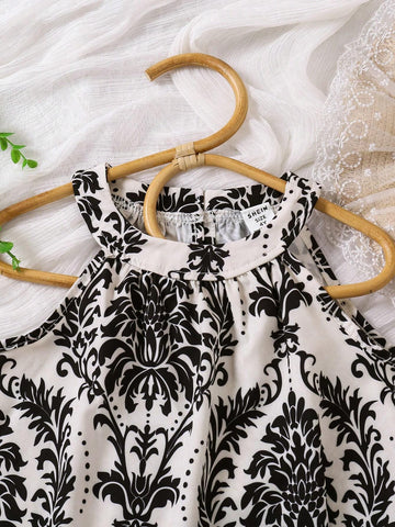 2pcs/Set Girls Young Girl Summer Lightweight Fashion Casual Retro Breathable Loose Allover Print Pattern Digital Print Tank Top + Shorts Set