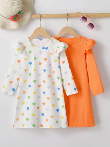 2pcs/Set Little Girls Casual Solid Color Ruffle Hem Long Sleeve Dress & Colorful Heart Print Ruffle Hem Dress, New Arrivals For Autumn