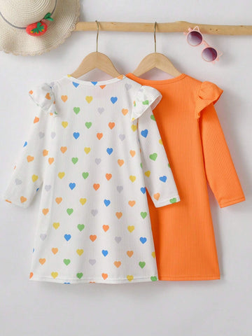 2pcs/Set Little Girls Casual Solid Color Ruffle Hem Long Sleeve Dress & Colorful Heart Print Ruffle Hem Dress, New Arrivals For Autumn