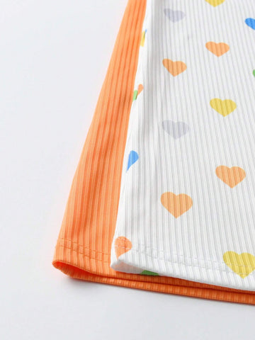 2pcs/Set Little Girls Casual Solid Color Ruffle Hem Long Sleeve Dress & Colorful Heart Print Ruffle Hem Dress, New Arrivals For Autumn