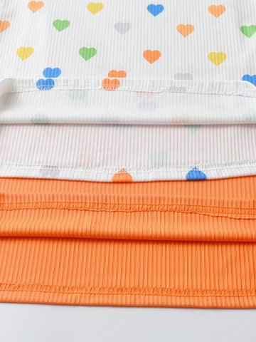 2pcs/Set Little Girls Casual Solid Color Ruffle Hem Long Sleeve Dress & Colorful Heart Print Ruffle Hem Dress, New Arrivals For Autumn