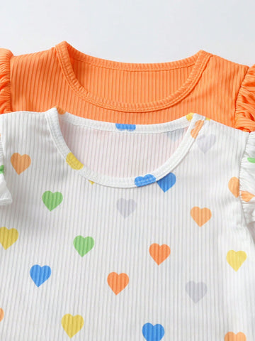 2pcs/Set Little Girls Casual Solid Color Ruffle Hem Long Sleeve Dress & Colorful Heart Print Ruffle Hem Dress, New Arrivals For Autumn