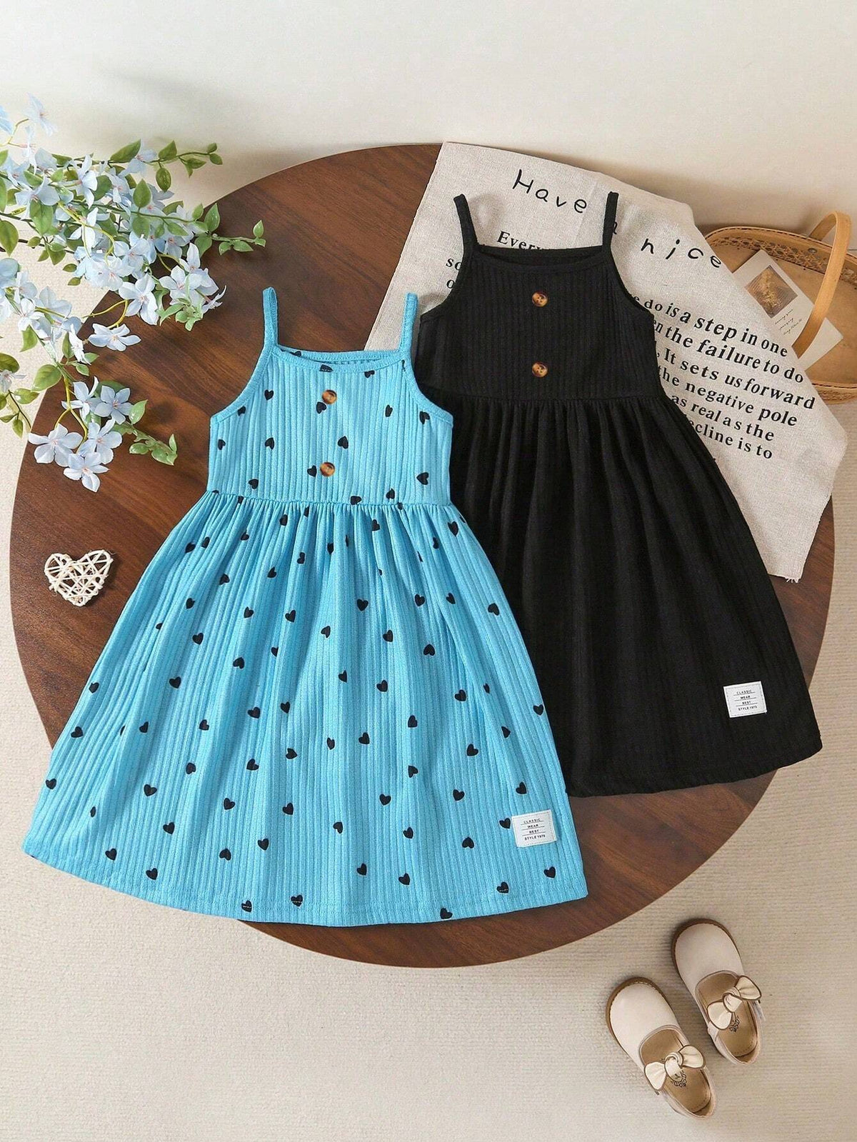 2pcs/Set Young Girl Country Style Patch-Up Patch Print Floral Strap Dress, Patchwork Pink Slip Dress