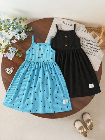 2pcs/Set Young Girl Country Style Patch-Up Patch Print Floral Strap Dress, Patchwork Pink Slip Dress