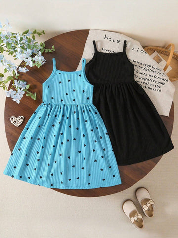 2pcs/Set Young Girl Country Style Patch-Up Patch Print Floral Strap Dress, Patchwork Pink Slip Dress