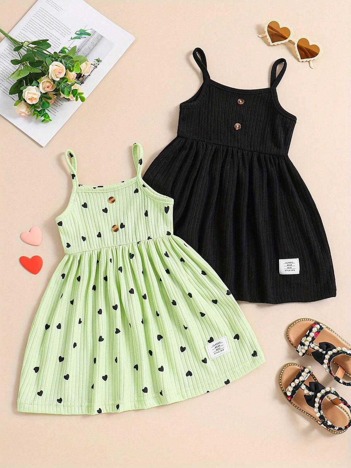 2pcs/Set Young Girl' Ditsy Floral Lapel Patch Design Color Block Camisole Dress & Matching Camisole Dress, Countryside Style
