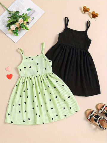 2pcs/Set Young Girl' Ditsy Floral Lapel Patch Design Color Block Camisole Dress & Matching Camisole Dress, Countryside Style