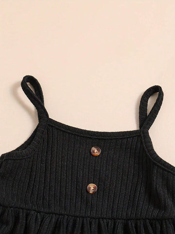 2pcs/Set Young Girl' Ditsy Floral Lapel Patch Design Color Block Camisole Dress & Matching Camisole Dress, Countryside Style