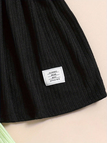 2pcs/Set Young Girl' Ditsy Floral Lapel Patch Design Color Block Camisole Dress & Matching Camisole Dress, Countryside Style