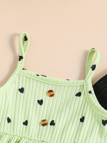 2pcs/Set Young Girl' Ditsy Floral Lapel Patch Design Color Block Camisole Dress & Matching Camisole Dress, Countryside Style