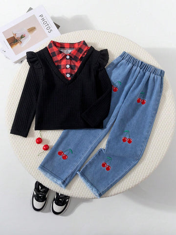 2pcs/Set Young Girl Retro Style 2 In 1 T-Shirt With Embroidered Cherry And Denim Pants